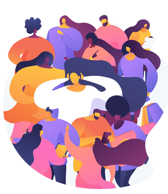 Représentation artistique de la diversité humaine, où plusieurs personnes de couleurs violet, rose, orange, blanc et noir s'unissent dans une harmonie visuelle, célébrant l'inclusivité et la richesse de nos différences.
